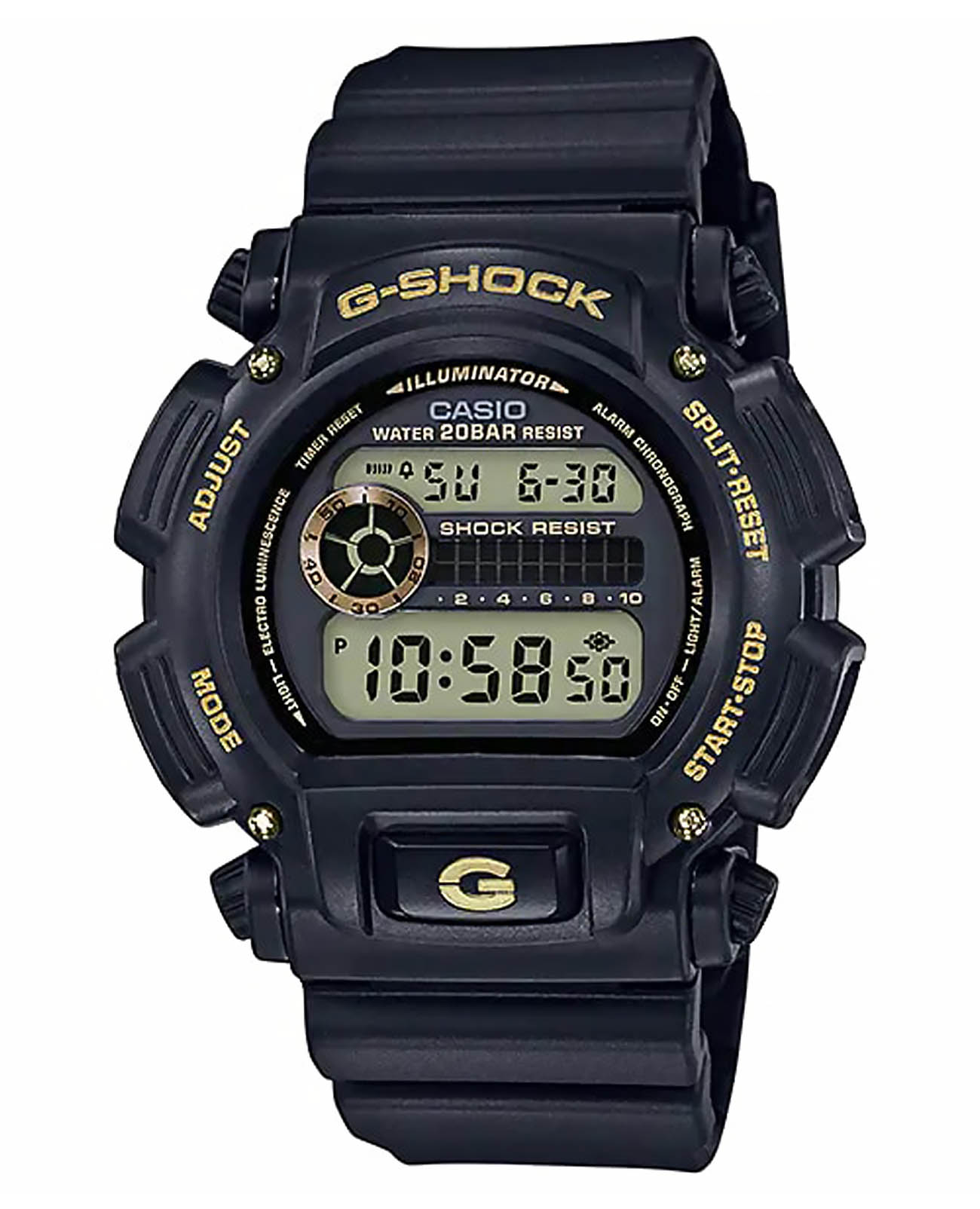 Casio Casio G-Shock DW-9052GBX-1A9DR (DW-9052GBX-1A9)  DW-9052GBX-1A9 электронные мужские часы черный циферблат, браслет пластик — вид спереди