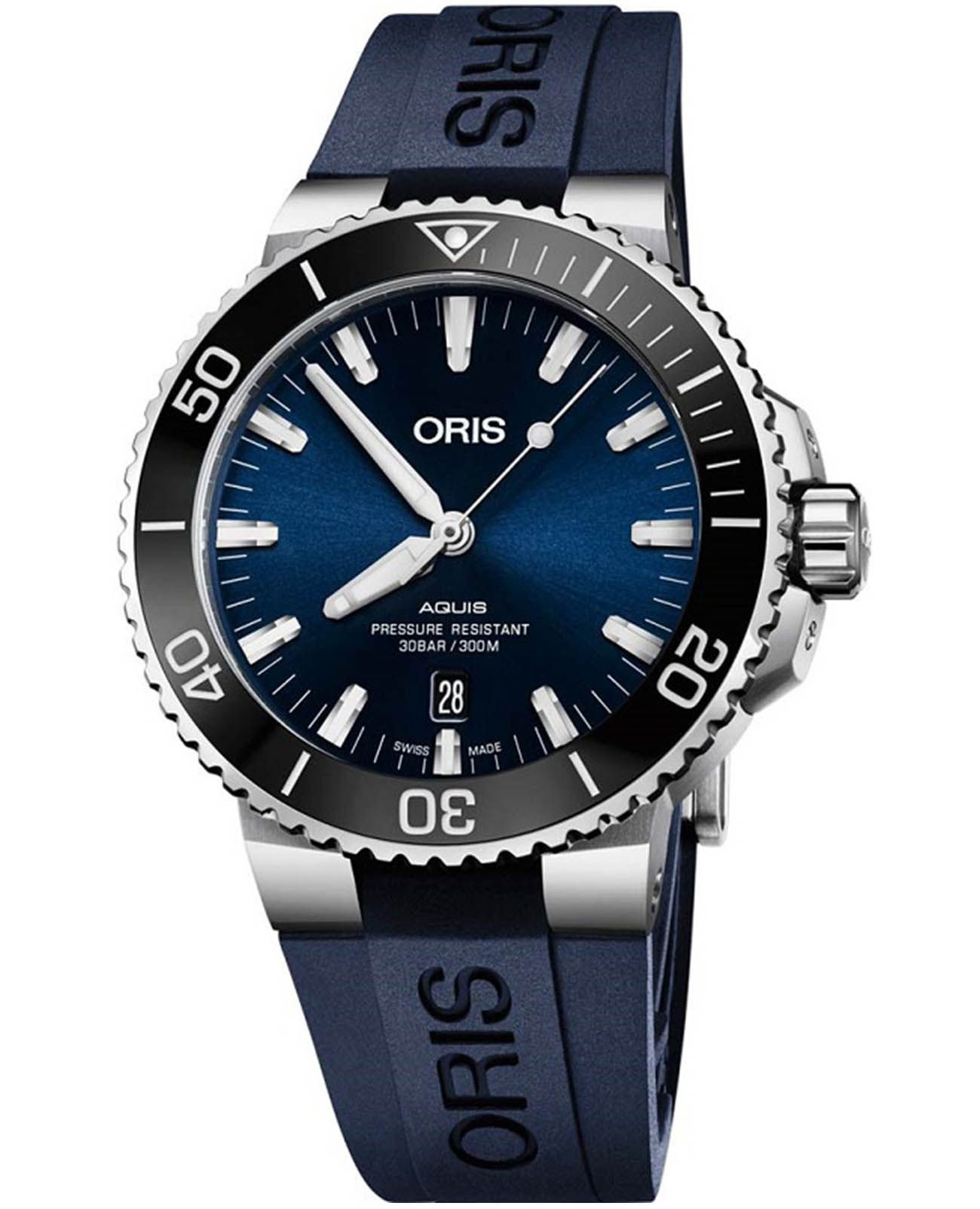 Oris Oris Aquis 01 733 7730 4135-07 4 24 65EB  01 733 7730 4135-07 4 24 65EB механические мужские часы синий циферблат, браслет каучук — вид спереди