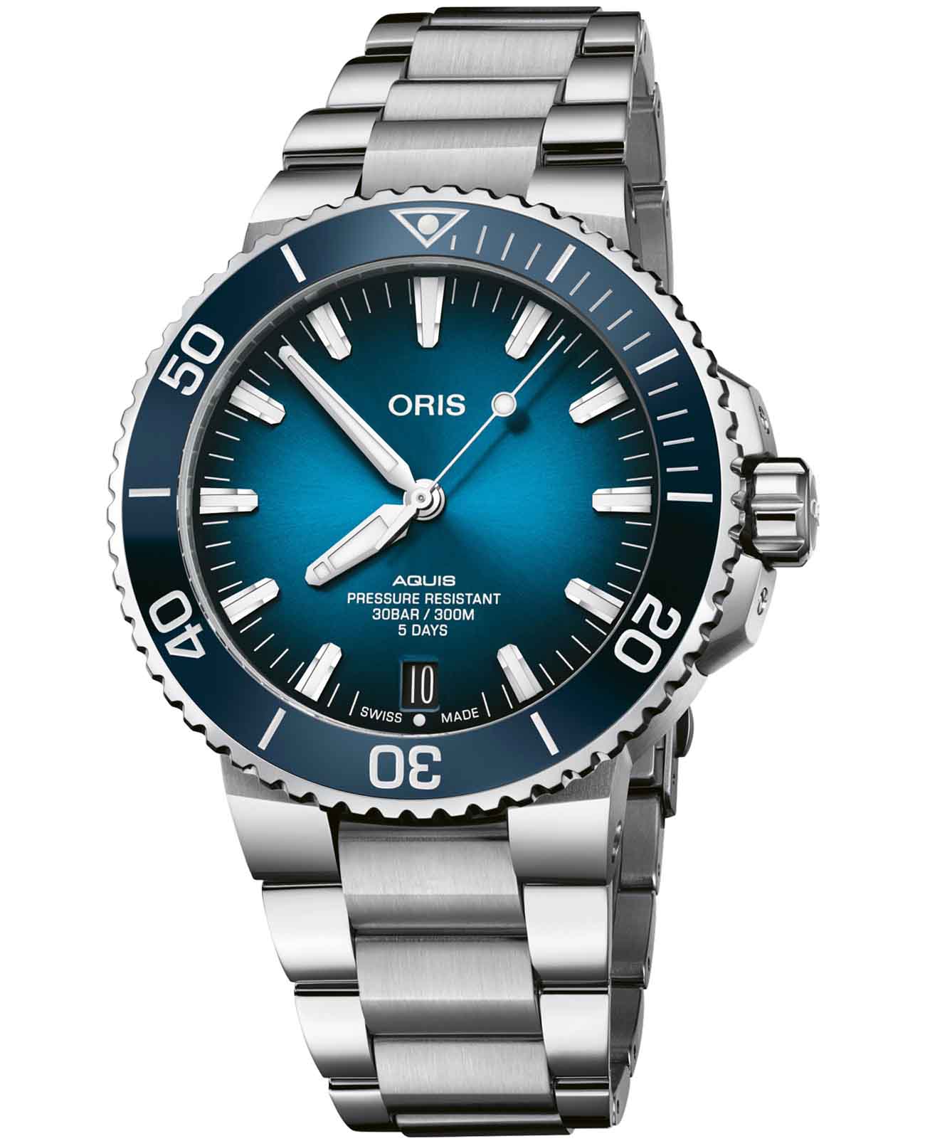 Oris Oris Aquis 01 400 7763 4135-07 8 24 09PEB  01 400 7763 4135-07 8 24 09PEB механические мужские часы синий циферблат, браслет нержавеющая сталь — вид спереди