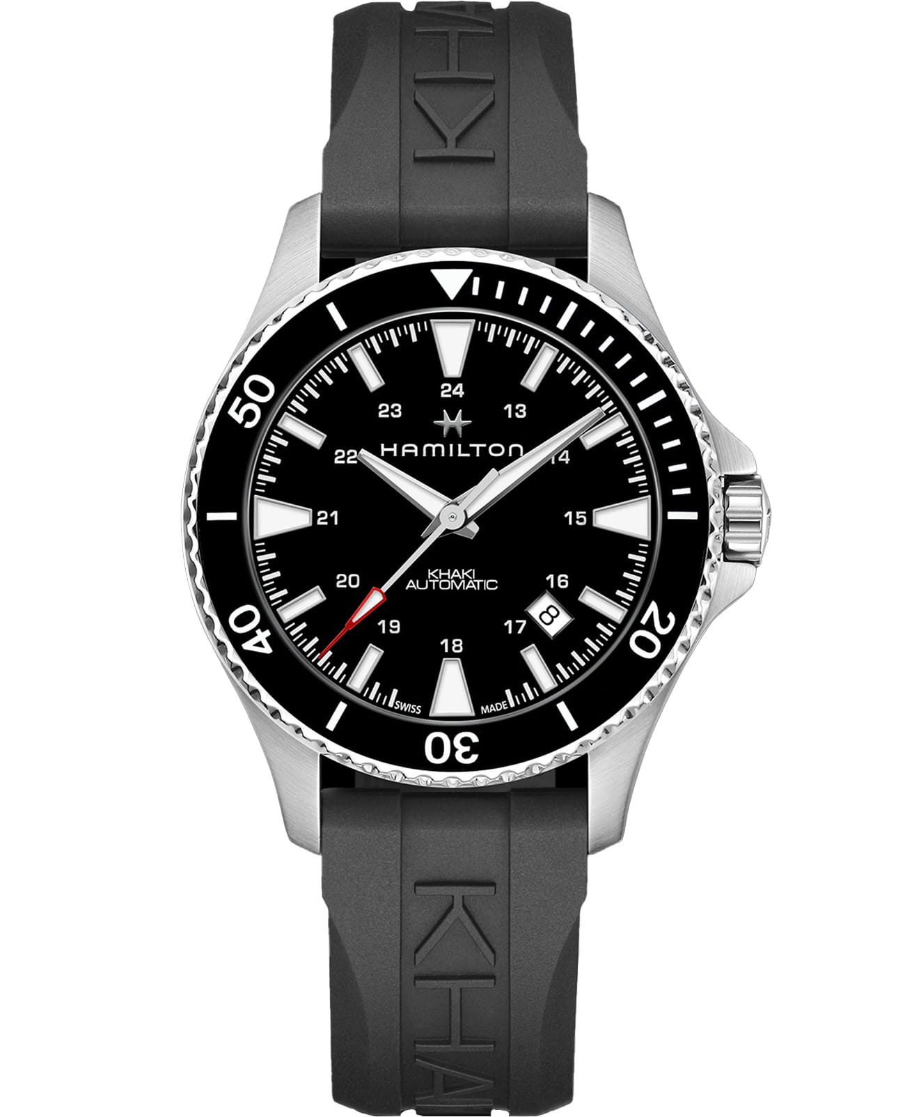 Hamilton Hamilton Khaki Navy Scuba H82335331  H82335331 механические мужские часы черный циферблат, браслет каучук — вид спереди