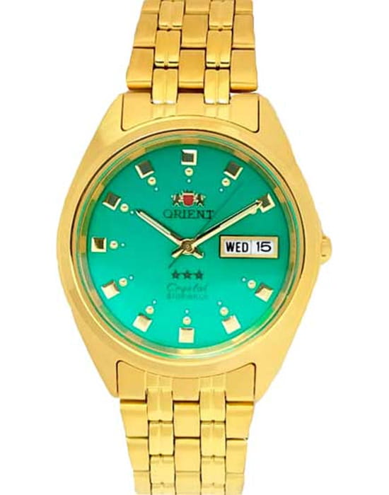 Orient Orient 3 Stars AB00001N  AB00001N механические мужские часы зеленый циферблат, браслет нержавеющая сталь с pvd-покрытием — вид спереди